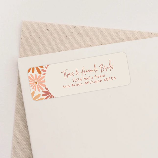 Rücksendeadresse Orange und Rosa Retro Floral Groo (Von Creator hochgeladen)