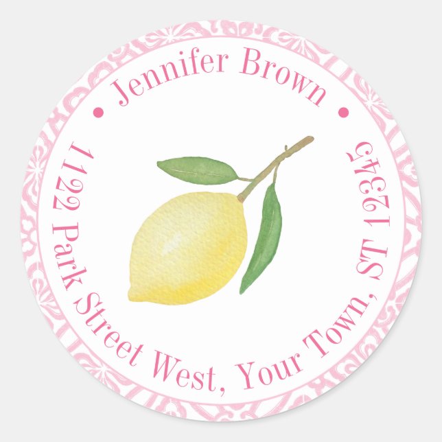 Rücksendeadresse Pink und Weiß Positano Lemon Runder Aufkleber (Vorderseite)