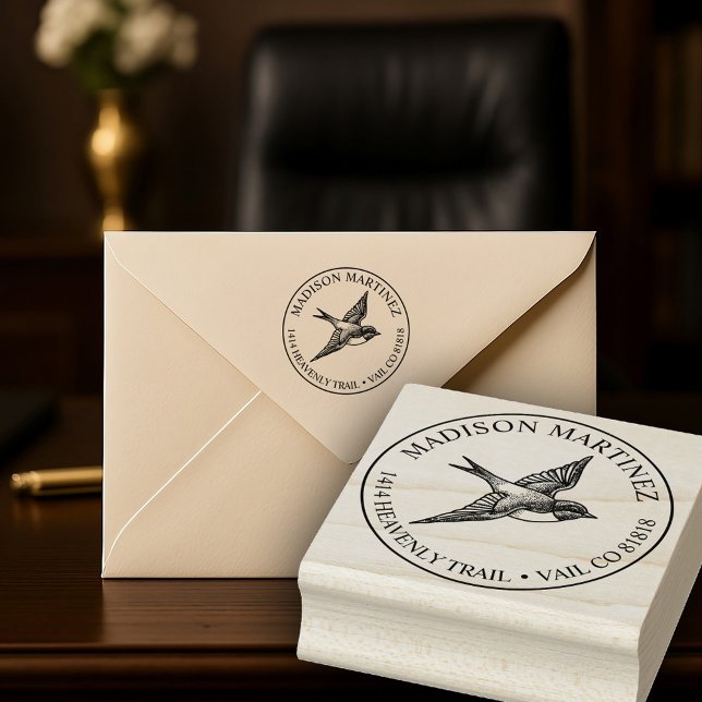 Rücksendeadresse Schlucken Bird Eleganter Flug Gummistempel (Classy tattoo inspired swallow address stamp with a  decorative vibe that's both classic and fresh.)