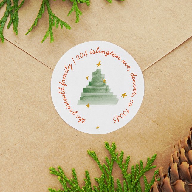 Rücksendeadresse Starlit Watercolor Tree Runder Aufkleber (Starlit watercolor Christmas tree return address label round stickers.)
