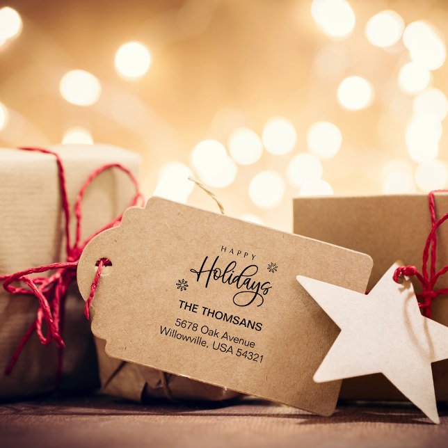 Rücksendeadresse von Skriptglücktagen Gummistempel (Script Happy Holidays Family Return Address Rubber Stamp)