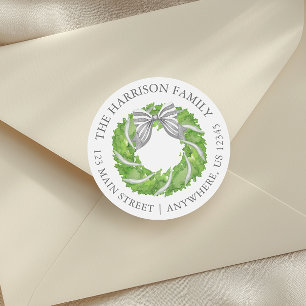 Rücksendeadresse Watercolor Grau Bow Wreath Runder Aufkleber
