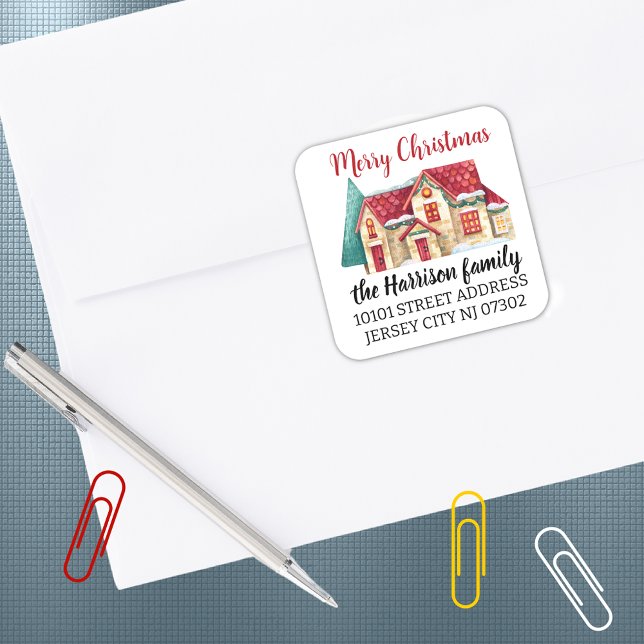 Rücksendeadresse Watercolor Weihnachtshaus Quadratischer Aufkleber (Von Creator hochgeladen)