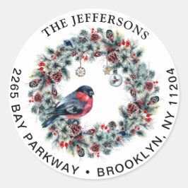 Rücksendesiegel für Weihnachtskranz und Bullfinch Runder Aufkleber