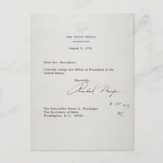 Rücktrittsschreiben von Richard M. Nixon 1974 Postkarte (Vorderseite)