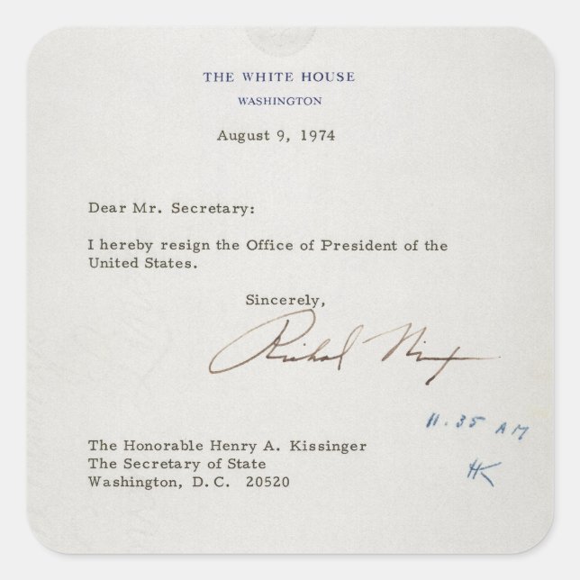 Rücktrittsschreiben von Richard M. Nixon 1974 Quadratischer Aufkleber (Vorderseite)