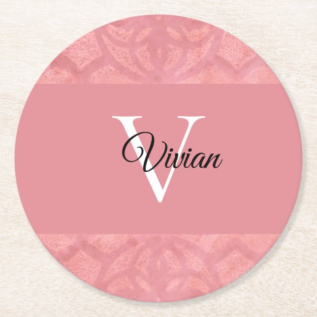 Ruddy Pink Batik Name Mit Monogramm Runder Pappuntersetzer (Vorderseite)