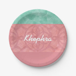 Ruddy Pink Batik und Blue Watercolor Name Pappteller