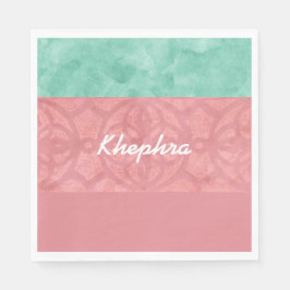 Ruddy Pink Batik und Blue Watercolor Name Serviette