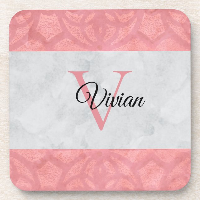Ruddy Pink Batik und Grau Wasserfarbe Mit Monogram Getränkeuntersetzer (Vorderseite)
