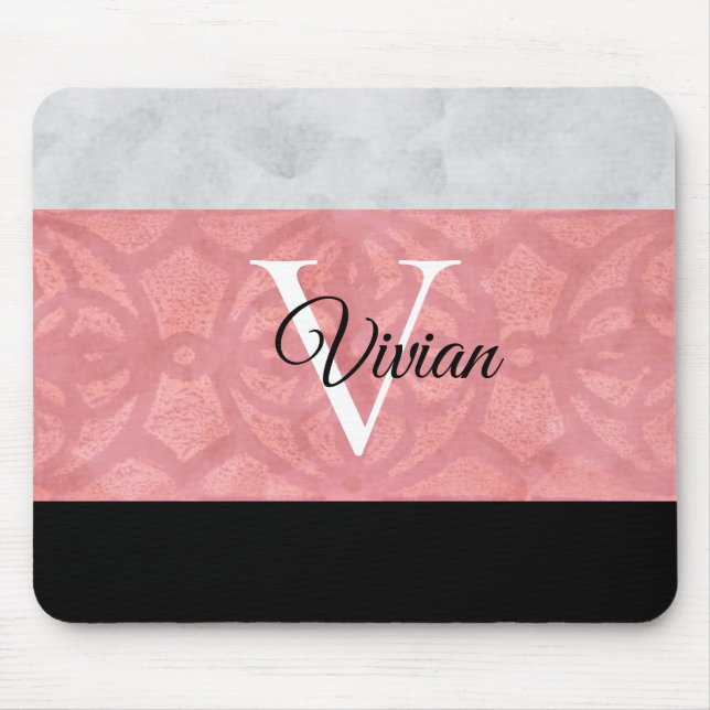 Ruddy Pink Batik und Grau Wasserfarbe Mit Monogram Mousepad (Vorne)