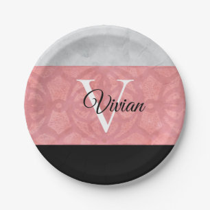 Ruddy Pink Batik und Grau Wasserfarbe Mit Monogram Pappteller