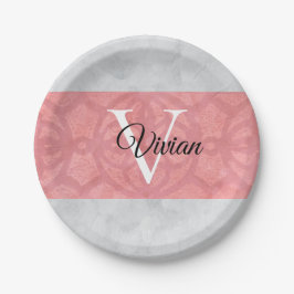 Ruddy Pink Batik und Grau Wasserfarbe Mit Monogram Pappteller