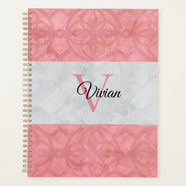 Ruddy Pink Batik und Grau Wasserfarbe Mit Monogram Planer (Vorderseite)
