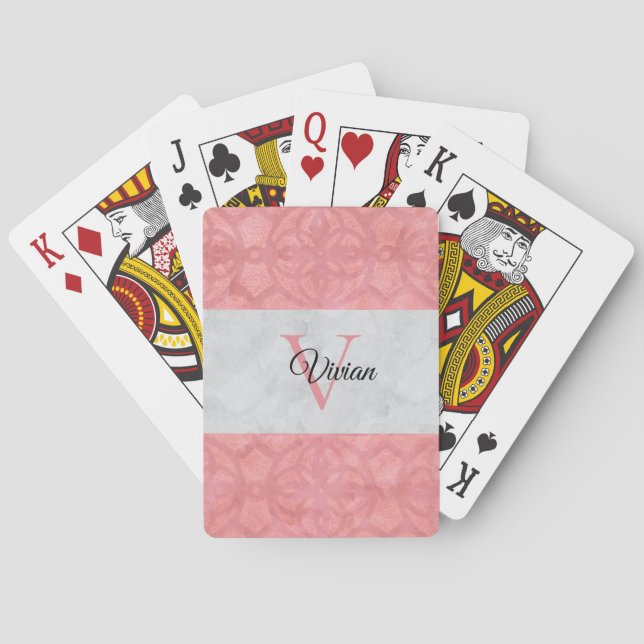 Ruddy Pink Batik und Grau Wasserfarbe Mit Monogram Spielkarten (Rückseite)