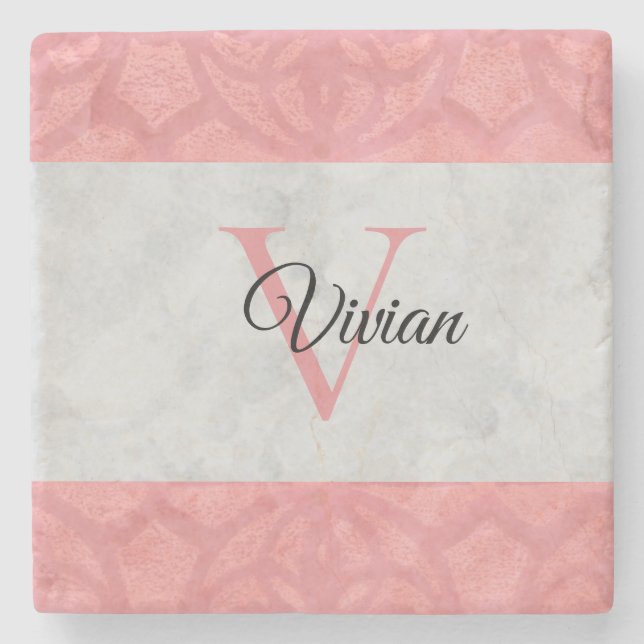 Ruddy Pink Batik und Grau Wasserfarbe Mit Monogram Steinuntersetzer (Vorderseite)