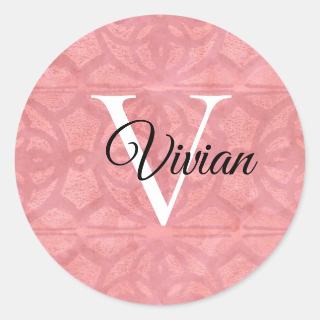 Ruddy Pink mit schwarzem Monogramm und weißem Name Runder Aufkleber (Vorderseite)