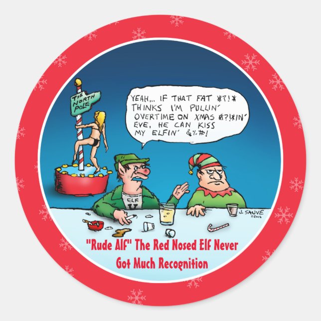 Rude Alf The Red Nose Elf Weihnachts-Cartoon Runder Aufkleber (Vorderseite)