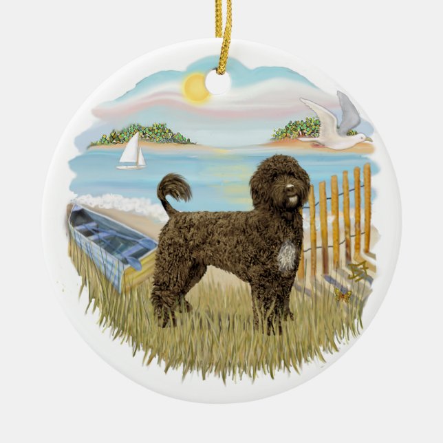 Ruderboot - Portugiesischer Wasserhund (braun) Keramik Ornament (Vorne)