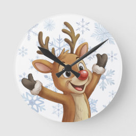 Rudolph mit blauen Schneeflocken  Runde Wanduhr