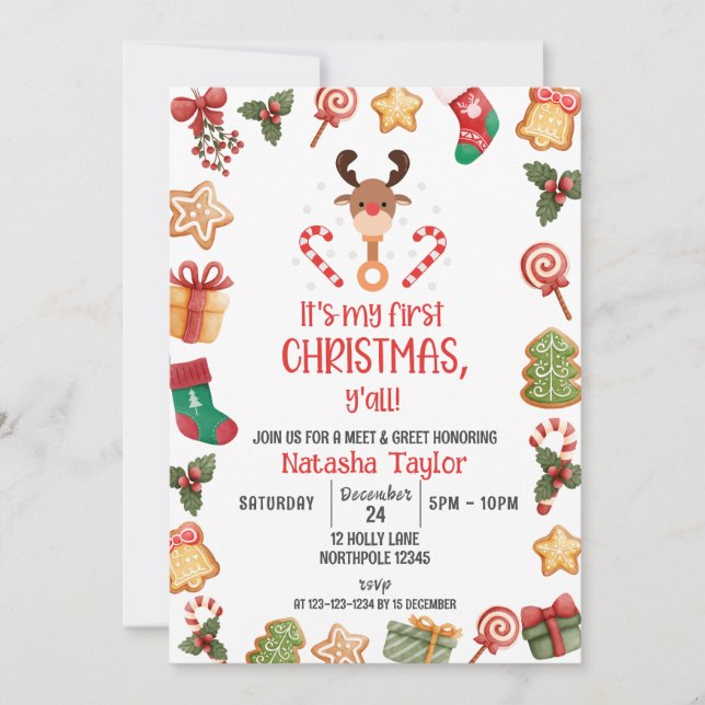 Rudolph Reindeer, CHRISTMAS Baby Meet & Greet Einladung (Vorderseite)