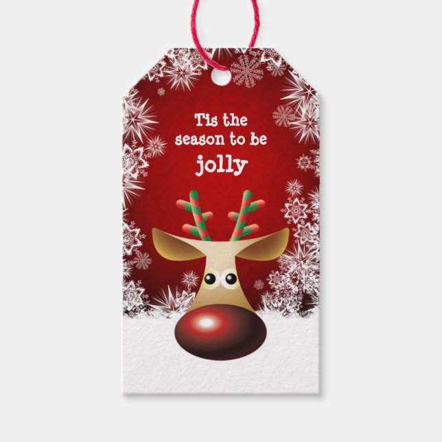 Rudolph rote Nase, Schneeflocken Weihnachten Geschenkanhänger (Vorderseite)