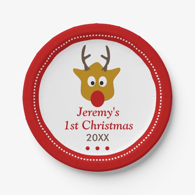 Rudolph the Rentier Niedlich Babys 1. Weihnachten Pappteller (Vorderseite)