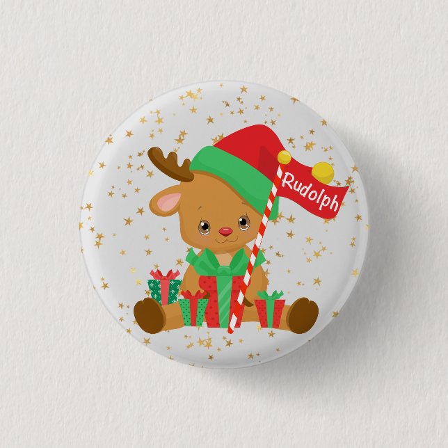 Rudolph the Rentier with Gifts and Gold Stars Button (Vorderseite)