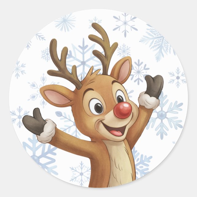 Rudolph With Blue Snowflakes Runder Aufkleber (Vorderseite)