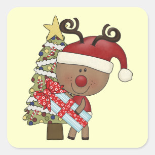 Rudy Reindeer Holiday Tree Quadratischer Aufkleber