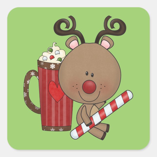 Rudy Reindeer mit Cocoa Quadratischer Aufkleber (Vorderseite)