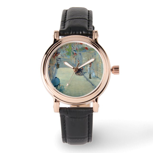 Rue Mosnier mit Flags Manet Painting Watch Armbanduhr (Vorderseite)