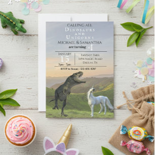 Rufen alle Dinosaurier Unicorns Twin Party Geburts Einladung