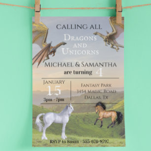 Rufen alle Dragons Unicorns Twin Party Geburtstag  Einladung