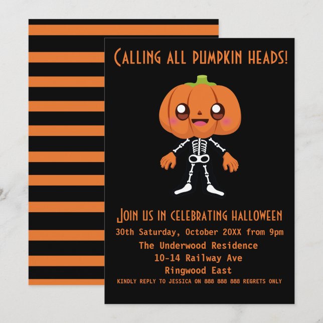 RUFEN ALLER PUMPKIN-KOPF-HALLOWEEN-PARTY EINLADUNG (Vorne/Hinten)