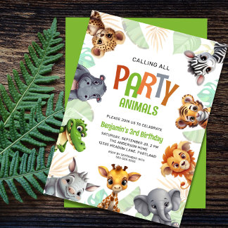 Rufen Sie alle Party Tiere Niedlich Jungle Geburts Einladung