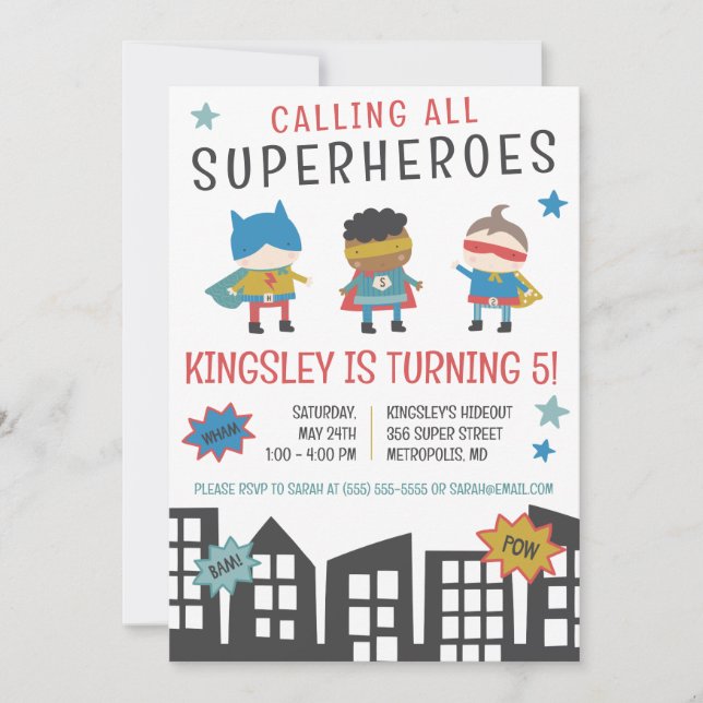 Rufen Sie alle Superhelden! Superhero Birthday Par Einladung (Vorderseite)