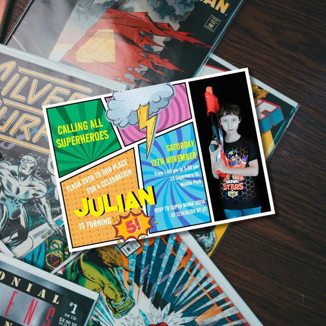Rufen Sie alle Superheroes Comic Buch 5. Geburtsta Einladung (Von Creator hochgeladen)