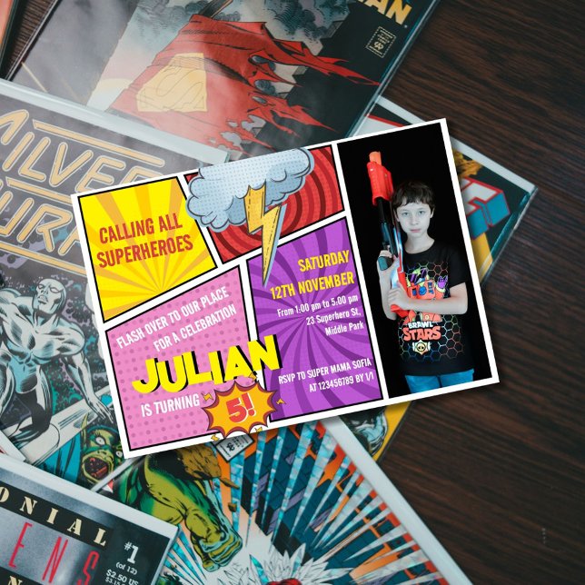 Rufen Sie alle Superheroes Comic Buch 5. Geburtsta Einladung (Von Creator hochgeladen)