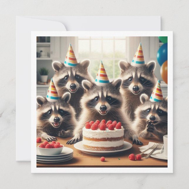 Rufen Sie alle wilden Kreaturen! Raccoon-Geburtsta Einladung (Vorderseite)