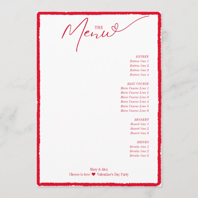 Rufen Sie die Liebe auf einfache minimale Red Hear Menükarte (Vorderseite)