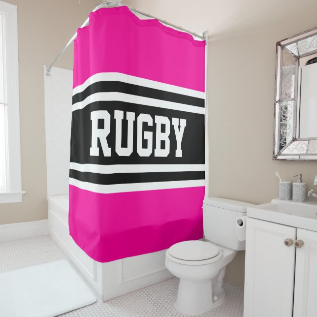 Rugby Bold Schwarz-weiße, hellrosa Streifen Duschvorhang (Beispiel)