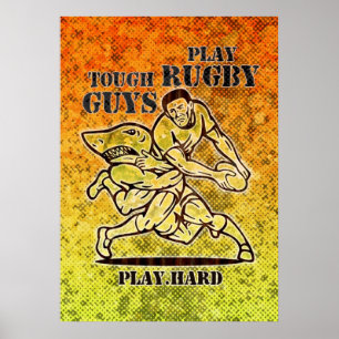 Rugbyspieler mit Ballangriff durch Haifischplakat Poster