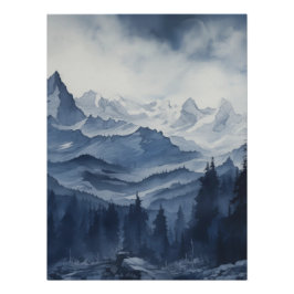 Rugge Berge und Pinien in Blues Wasserfarbe Poster