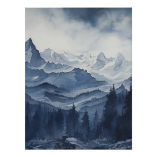 Rugge Berge und Pinien in Blues Wasserfarbe Poster