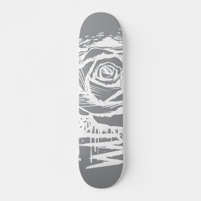 Rugged Rose Graffiti Art – White Drip Rose on Grey Skateboard (Vorne)