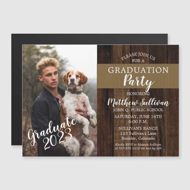 Rugged Woodsy Foto Graduation Party Magneteinladung (Vorne/Hinten)