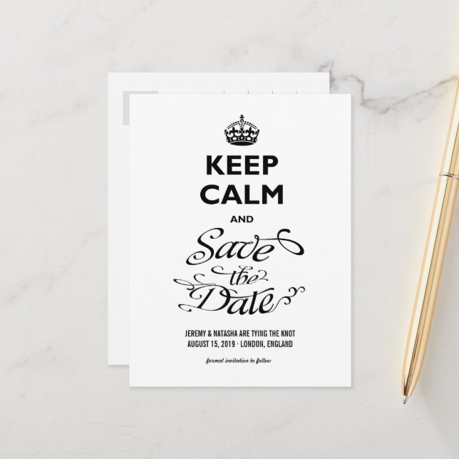 Ruhe behalt und Save the Date locker Script Funny Ankündigungspostkarte (Vorderseite/Rückseite Beispiel)