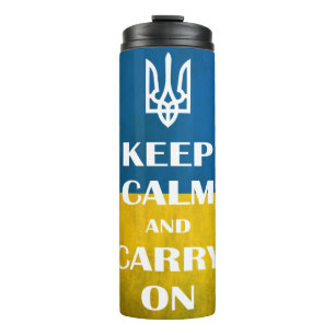 Ruhe behalten und das ukrainische Emblem-Trident w Thermosbecher