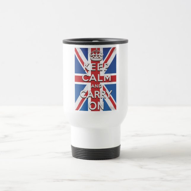 Ruhe bewahren und auf britischer Flagge fahren Reisebecher (Mittel)